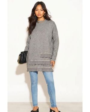 CY Jumper With Crystal Trim & Chiffon Hem - Grey