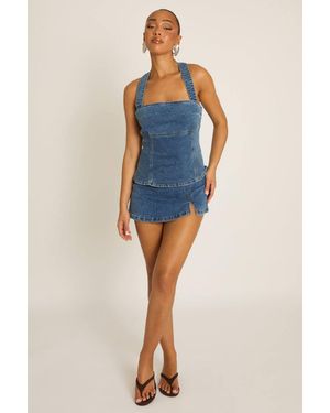 Rebellious Fashion Split Front Denim Skort - Blue