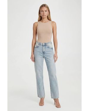 Roselle Slinky Racer Neck Sleeveless Scoop Back Bodysuit Tops - Blue