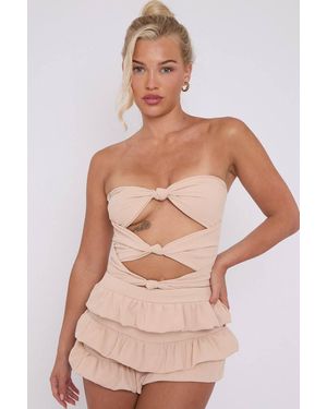 Stylewise Ruffle Skirt Skort & Cut Out Knot Front Bandeau Co-Ord Set - Natural