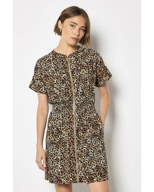 Apricot Leopard Print Zip-Down Mini Dress - Brown