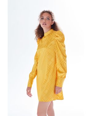 Liquorish Check Jacquard Mini Dress With High Neck & Puff Sleeve Details - Yellow