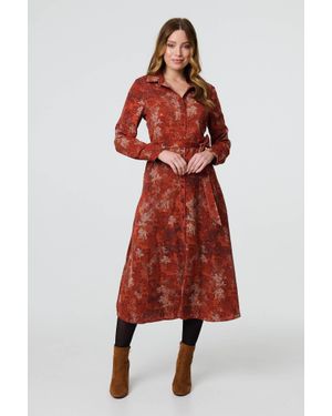 Izabel London Leaf Print Tie Waist Midi Shirt Dress - Red