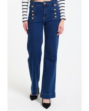 Liquorish Sailor Button Wide Leg Denim Jeans - Blue