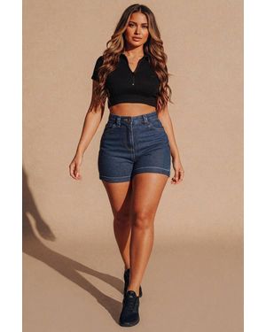 Femme Luxe High Waisted Roll Hem Denim Shorts - Blue
