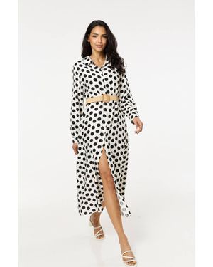 Liquorish Polka Dot Belted Midi Shirt Dress - White
