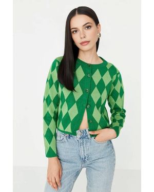 WOVCOR Crop Argyle Ribbed Knit Cardigan W/ Button Front - Green