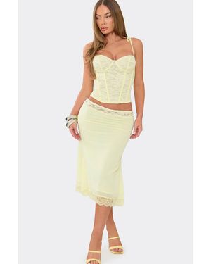 EGO Lace Trim Chiffon Low Rise Midi Skirt - Yellow