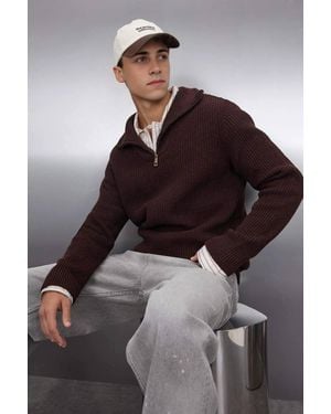 WOVCOR Half Zip Funnel Neck Knit Jumper - Brown