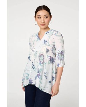 Izabel London Floral Lace Ruched 3/4 Sleeve Blouse - White