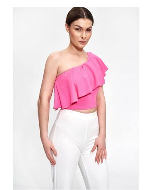 Love Lace One Shoulder Ruffle Crop Top Blouse Style 167243 - Pink