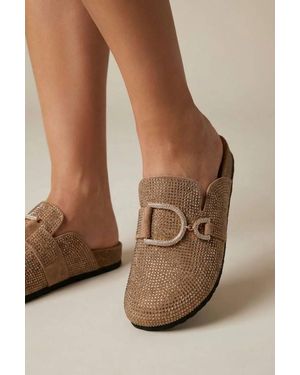 LARANGE Sparkle Crystal Kahki Suede Slip-On Clog Mules - Brown
