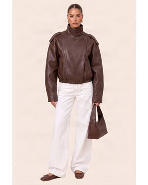 Rebellious Fashion Deanna Faux Leather Funnel Neck Oversized Bomber Jacket - Natural