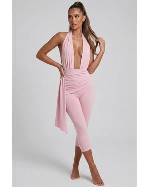 Stylewise Plunge Halter Neck Ruched Drape Jumpsuit - Pink