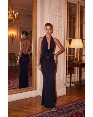 Rebellious Fashion Aafy Slinky Cowl Plunge Neck Sequin Band Maxi Dress - Brown