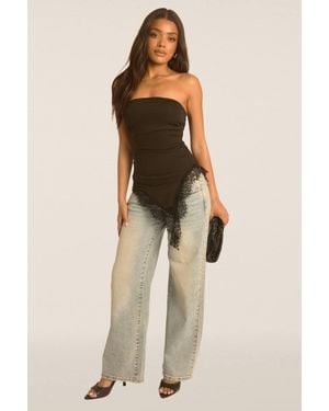 Rebellious Fashion Asymmetric Lace Trim Bandeau Top - Natural