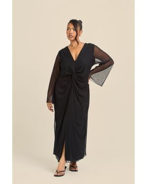 FASHION-SZN Curve Twist Front Flare Sleeve Mesh Midi Dress - Black