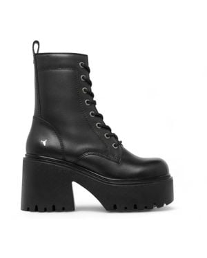 TruClothing Mid Calf Lace Up Side Zip Leather Platform Boots - Black