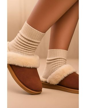 Spot on Premium Shearling-Lined Suede Slip On Slippers With Cushioned Sole - Brown
