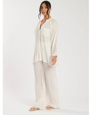 South Beach Metallic Stripe Balloon Sleeve Beach Shirt - White