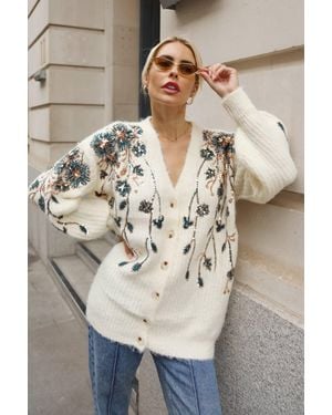 CY Sequin Floral Embellished Oversized Knit Cardigan - Natural