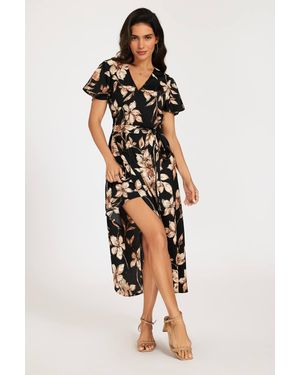 FS Collection Flutter Sleeves Floral Wrap Midi Dress - Black