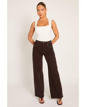 Rebellious Fashion Studded Wide Leg Denim Jeans - Brown