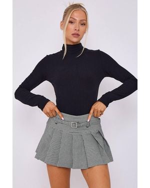 Stylewise Dogtooth Pleated Belt Detail Mini Skort - Blue