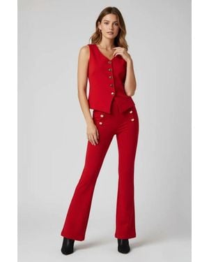 Stylewise Button Waistcoat Top & Wide Leg Trouser Co-Ord Set - Red