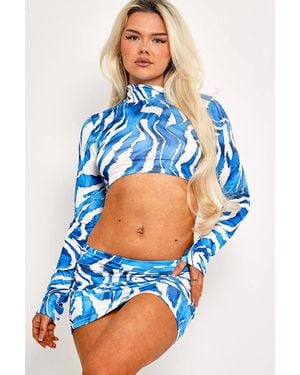 Stylewise Zebra Print Slinky High Neck Crop Top - Blue