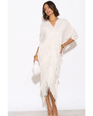 CY Layers Multi Fringed Tassel Pleated Midi Dress - Natural