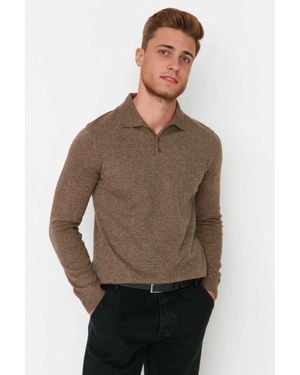 WOVCOR Polo Collar Buttoned Knit Jumper - Brown