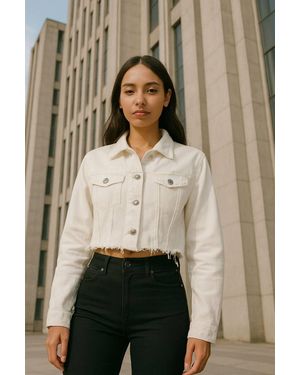 Stylewise Distressed Raw Hem Cropped Denim Jacket With Pockets - Natural