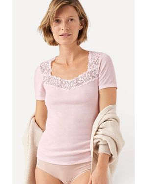 DAMART 1 Pack Short Sleeve Thermolactyl T-Shirt Lace Trim Regular Length - Pink