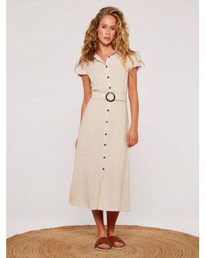 Apricot Linen Blend Belted Shirt Midi Dress - Natural