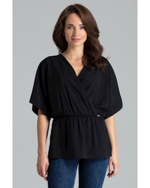 Love Lace Envelope Neck Kimono Sleeve Elastic Waist Blouse - Black