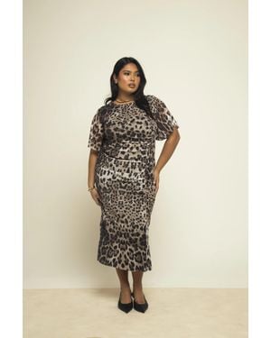 FASHION-SZN Curve Angel Flutter Sleeve Ruched Leopard Mesh Dress - Natural