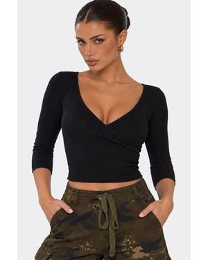 EGO Long Sleeve Plunging Neckline Ribbed Top - Black
