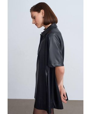 Dilvin Loose Fit Faux Leather Mini Shirt Dress - Grey