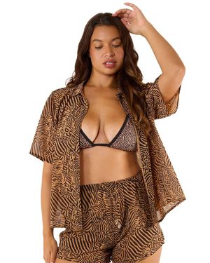 Wolf & Whistle Savana Tiger Print Georgette 'Beach Shirt' - Brown
