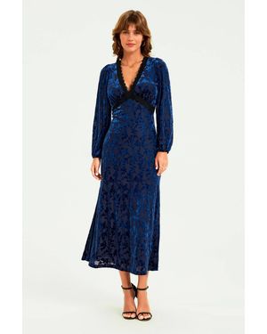 FS Collection Floral Velvet Devore Lace Trim Neckline Midi Dress - Blue