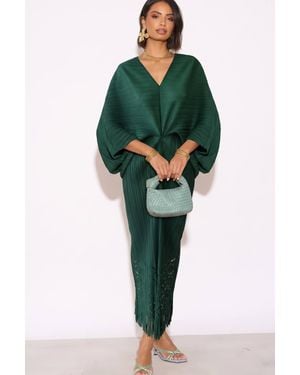 CY Floral Cutwork Pleated Kimono Sleeve Midi Dress - Green