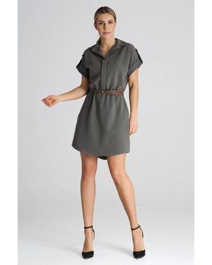Love Lace Viscose Short Sleeve Shift Dress With Belt - Grey