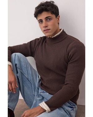 WOVCOR Slim Fit Ribbed High Neck Knit Jumper - Brown