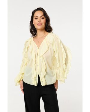 Liquorish Ruffle Button Down Cotton Blouse - Natural