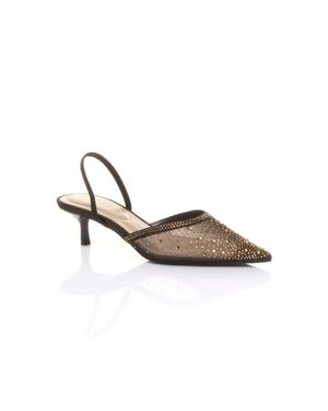 AJVANI Low Mid Kitten Heel Diamante Mesh Pointed Toe Slingback Mules - Metallic