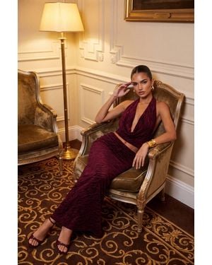 Rebellious Fashion Gerry Velvet Zebra Devore Cowl Halter Top & Maxi Skirt Co-Ord Set - Brown