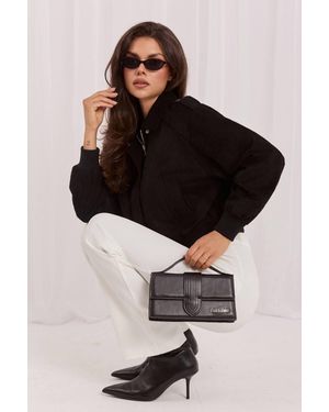 Love Lace Winter Suede Collared Bomber Jacket With Pockets - Black