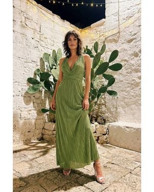 WOVCOR Plisse V Neck Maxi Dress With Gathered Waist Detail - Green