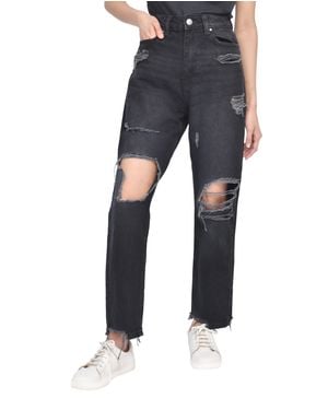 Smart Living Casual Style High-Waisted Torn Hem Rip Mom Jeans - Blue